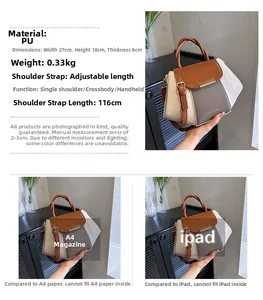 Detailed size comparison of the tricolor PU handbag next to A4 paper and an iPad