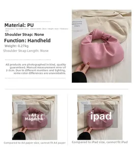 Pink pleated handbag detail showing dimensions and size comparison with iPad and A4 paper