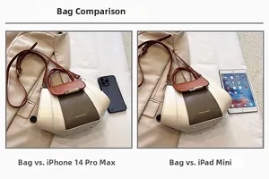 Size comparison showing the retro handbag next to an iPhone 14 Pro Max and iPad mini