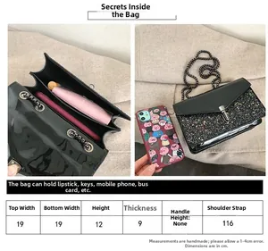Vue détaillée des dimensions et de la capacité de rangement du sac à chaîne noir