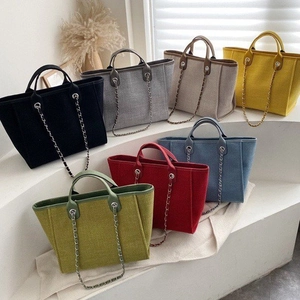 Large Capacity Canvas Woven Tote Bag With Chain Strap For Women Casual Daily Shoulder Bag Retro Fashion Handbag