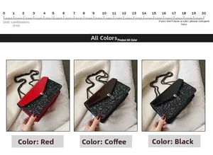 Détail de sacs bandoulière scintillants avec chaîne en rouge, marron et noir chic
