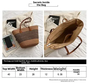 Detailed size chart showing dimensions for this woven straw tote bag with brown handles