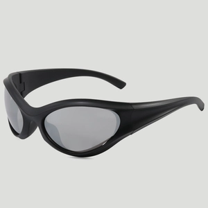 Y2K punk style wrap around sunglasses with matte black frame and reflective silver lenses