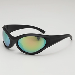 Y2K punk style wrap-around sunglasses with matte black frame and colorful gradient lenses