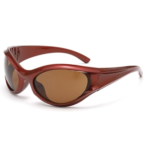 Y2K punk style dark red wrap sunglasses with brown lenses for outdoor sports fashion
