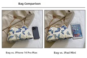 Detailed size comparison of the vintage bow pattern handbag with iPad mini and smartphone
