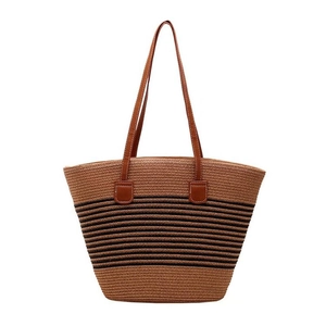 Large capacity woven tote bag with brown and black stripes and leather handles