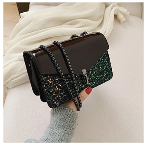 Sac à chaîne rétro à paillettes pour femmes avec cuir verni marron foncé et fermoir rotatif