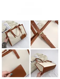 Détails des coutures, des bretelles marron réglables et de la mini pochette du sac bicolore
