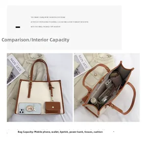 Détail de la capacité intérieure du grand sac cabas avec compartiments et cuir crème