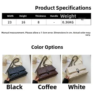 Tableau des tailles et vue multicolore du sac bandoulière matelassé en cuir PU avec chaîne