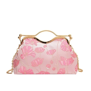 Pink floral embroidered evening handbag with gold metal handle and chain strap