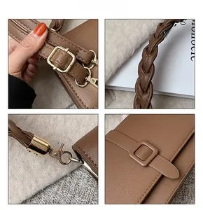 Vues détaillées du sac à main en cuir marron foncé avec poignée tressée et boucles dorées