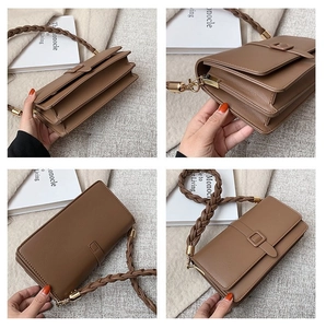 Vue détaillée en quatre angles du sac en cuir marron avec bandoulière tressée et compartiments
