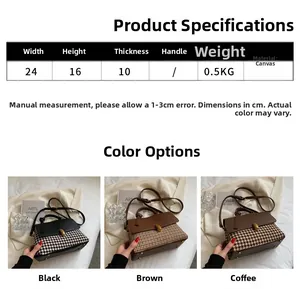 Detailed spec sheet and colors of houndstooth canvas handbag with metal lock and handle
