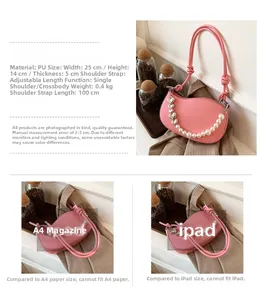 Pink PU shoulder bag size guide with pearl heart chain showing 25x14x5cm dimensions