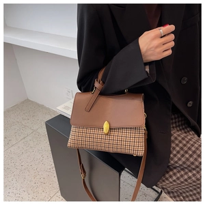 Detail of vintage houndstooth handbag with leather trim and gold oval metal buckle lock