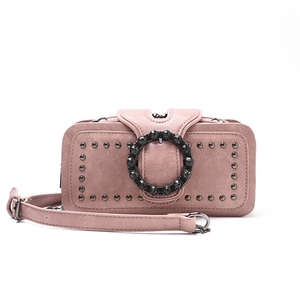 Pink faux leather crossbody bag with studded edges and large rhinestone round buckle