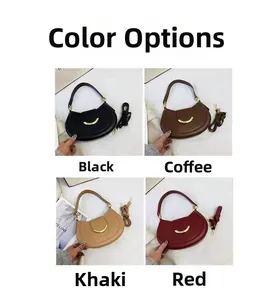 Detail view of crescent leather shoulder bags in black, coffee, khaki, and red options