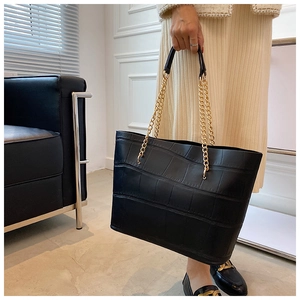 Black crocodile embossed tote bag with gold chain strap for women professional daily use
