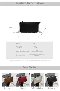 Detailed dimensions and four color variants of the rivet-studded PU leather crossbody bag