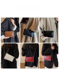 Collage of chic solid color crossbody pillow bags with pearl bead trim and chain straps