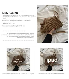 Detailed size chart of a brown pleated PU pouch bag with crossbody strap and dimensions