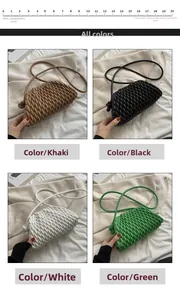 Detailed comparison of pleated cloud bags in khaki, black, white, and green with a scale