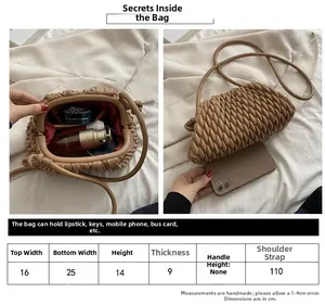 Size chart detail for vintage plaid woven clutch with dimensions for shoulder strap and width