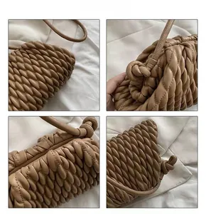 Detailed views of brown woven leather bag featuring intricate pleated knot strap design