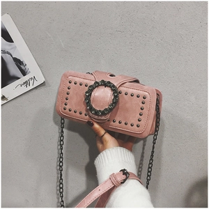 Retro PU Leather Crossbody Bag For Women With Rhinestone Round Buckle Rivet Decoration Metal Chain Strap Multi Compartment