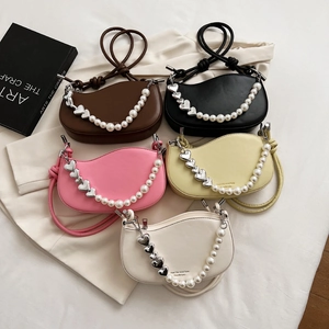 Women Crescent Shoulder Bag PU Leather With Artificial Pearl Heart Decoration Chain Chic Underarm Handbag Solid Color