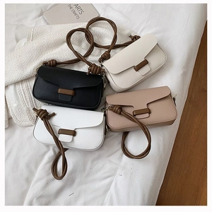 Women Minimalist Lychee Pattern PU Leather Small Square Shoulder Bag Contrast Color Knotted Strap Retro Crossbody Bag