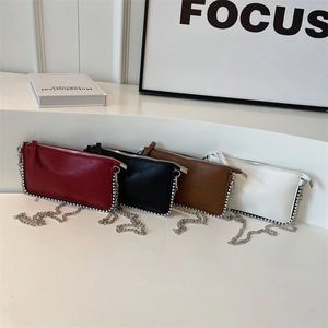 Women PU Leather Crossbody Bag Korean Minimalist Beaded Edge Metal Chain Strap Zipper Closure Shoulder Clutch Trendy