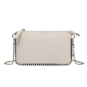 Elegant white leather pillow bag with silver beaded trim and metal chain strap for women