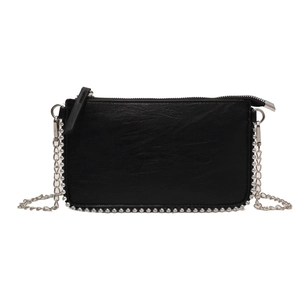 Minimalist black PU leather crossbody bag with silver bead trim and metal chain strap