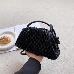 Minimalist black pleated woven handbag with vintage plaid texture and stylish handle