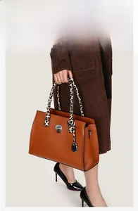 Détail du sac à main caramel avec poignée léopard et fermoir métallique carré