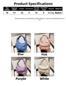 Detailed size specifications chart for compact nylon quilted cloud bags in four colors