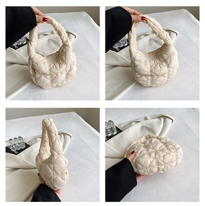 Detailed multi-angle views of beige quilted dumpling bag with ruched texture and zipper