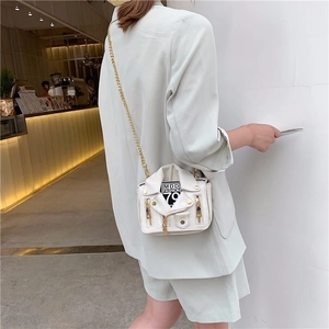 Chic white biker jacket style mini crossbody bag with gold chain strap for women