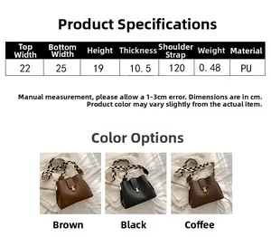 Size chart for women's PU leather crossbody bag showing dimensions and colors