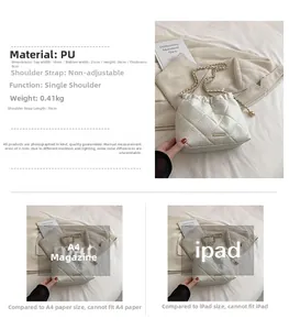 Detailed view of off-white quilted PU leather chain bag with size dimensions and dimensions