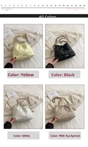 Quilted bucket bag in four colors with chain strap and 20cm scale for size reference
