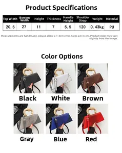 Detailed size chart for crocodile pattern PU handbag with metal handle measurements