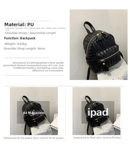Detailed size specifications of black quilted PU mini backpack with 11cm depth measurements