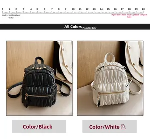 Detailed size comparison of mini PU leather backpacks with V-quilt stitching pattern
