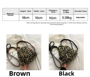 Size chart for leopard print canvas mini backpack showing dimensions and material details