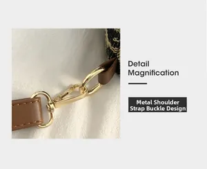 Detail magnification of the golden hardware buckle and brown faux leather strap on leopard bag
